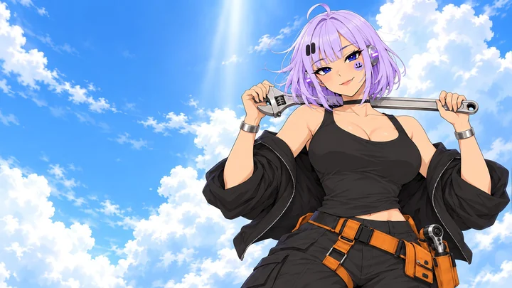 Yuna under a bright blue sky, a chrome wrench across her shoulders